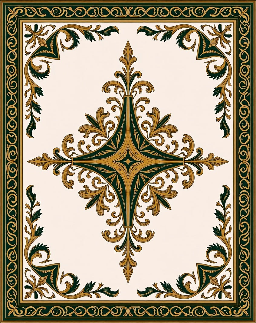 Elegant Ivory and Emerald Floral Scroll Rug