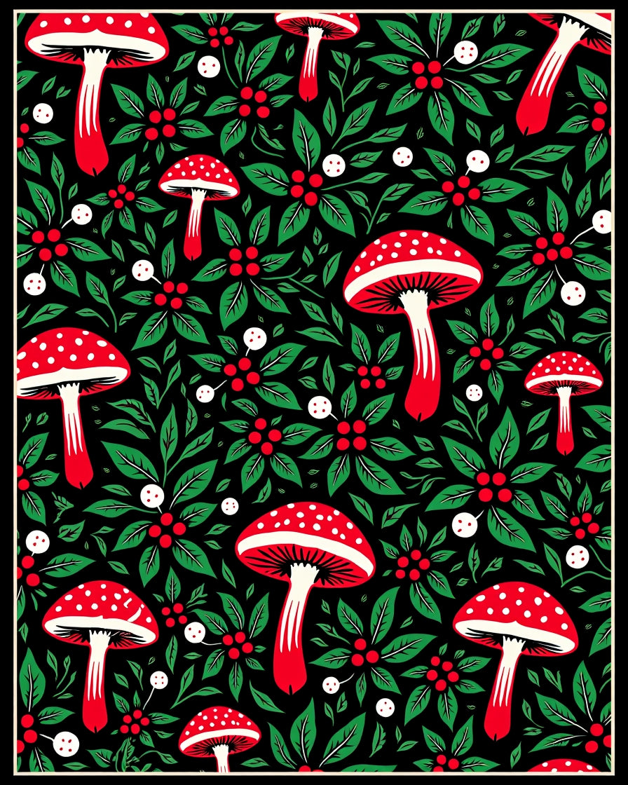 Whimsical Red Mushroom Christmas Holly Rug