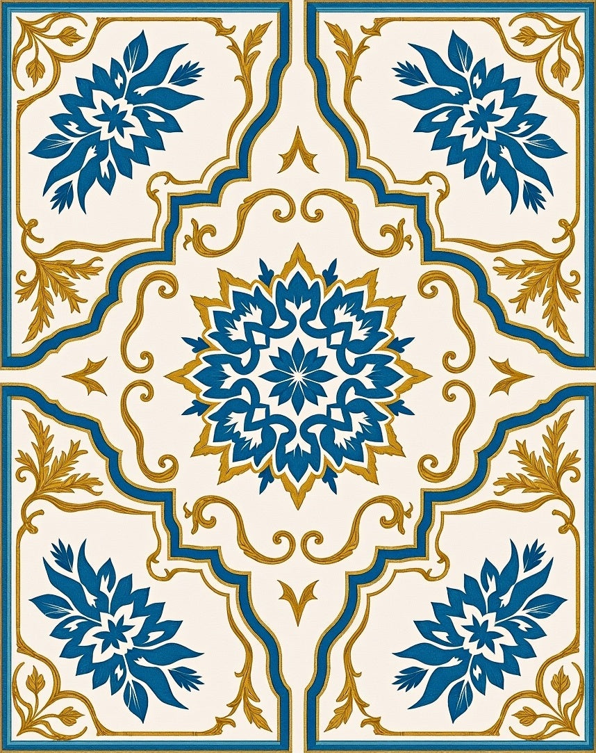 Blue Gold Floral Latticework Rug