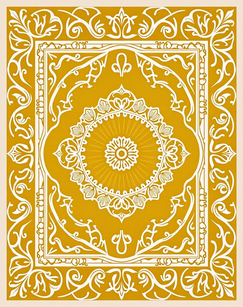 Golden Ochre Floral Medallion Border Rug