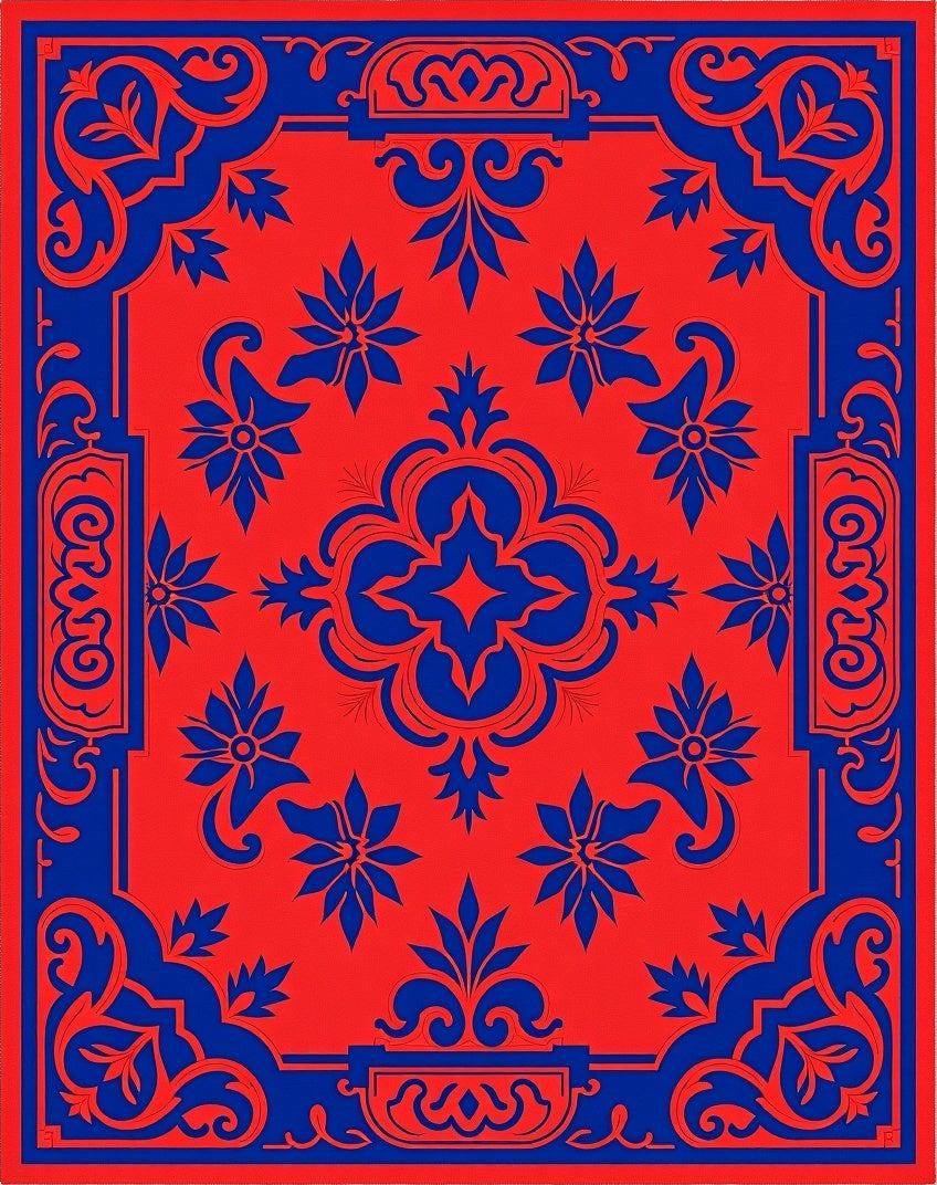 Vibrant Red Blue Floral Medallion Rug