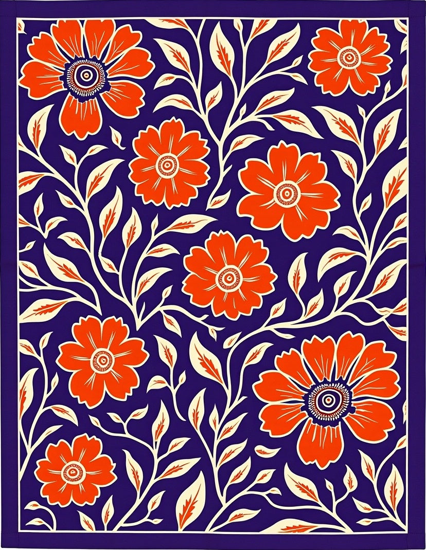 Vibrant Orange Floral Vine Navy Rug
