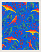Vibrant Red Dinosaur Jungle Scene Rug