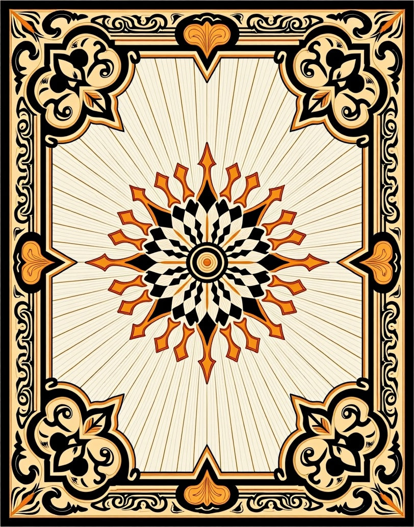 Ornate Black Gold Sunburst Medallion Rug