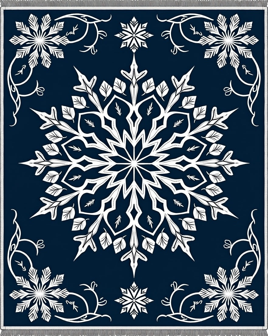 Midnight Blue Snowflakes In Scrolled Frame Rug