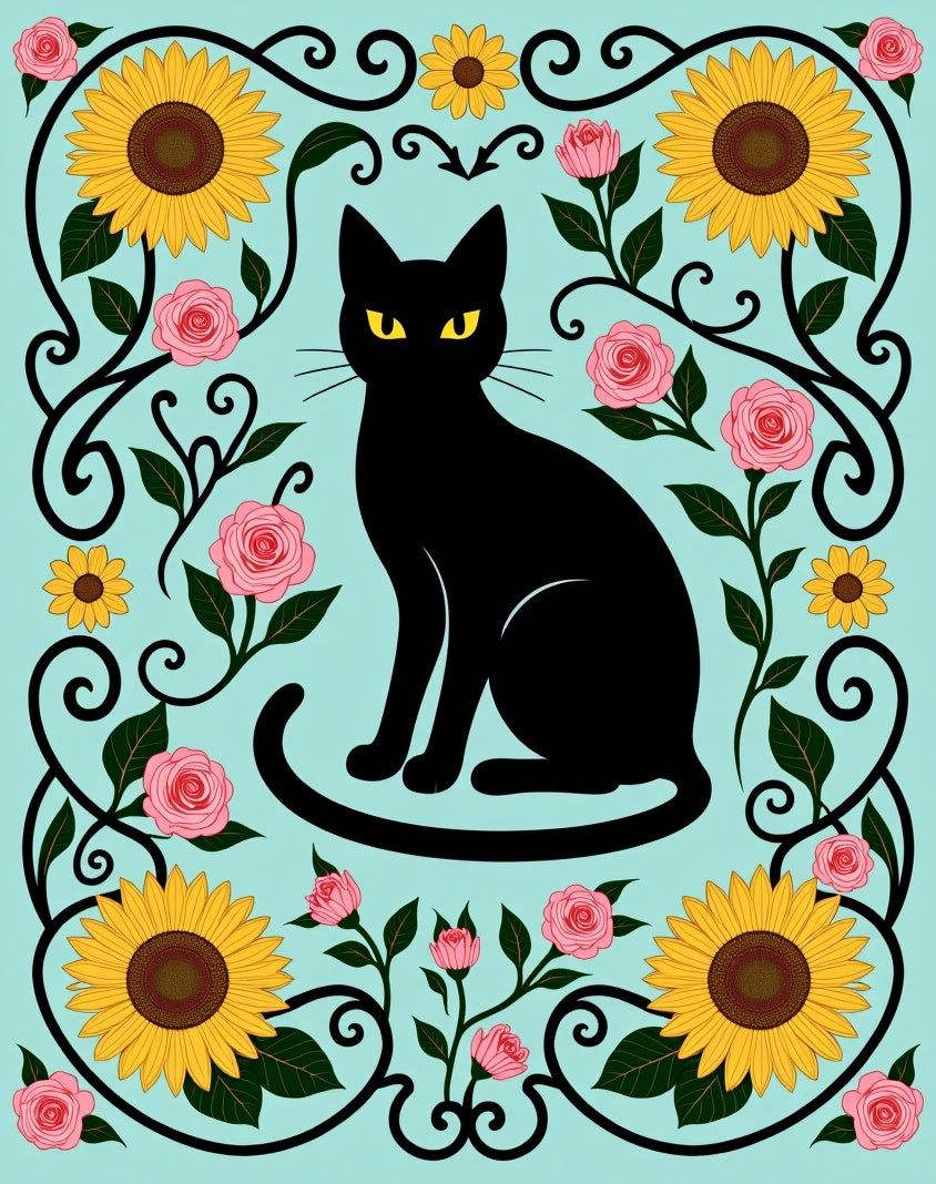 Black Cat Sunflowers Pink Roses Scrollwork Rug