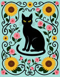 Black Cat Sunflowers Pink Roses Scrollwork Rug