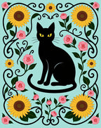 Black Cat Sunflowers Pink Roses Scrollwork Rug
