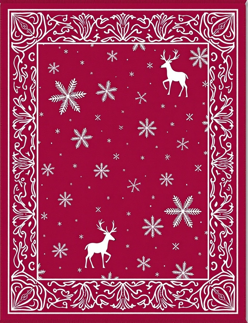Crimson Snowflake Reindeer Border Rug