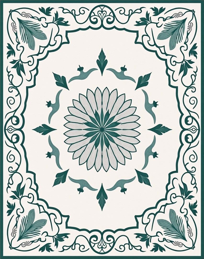 Teal Floral Garden Medallion Border Rug