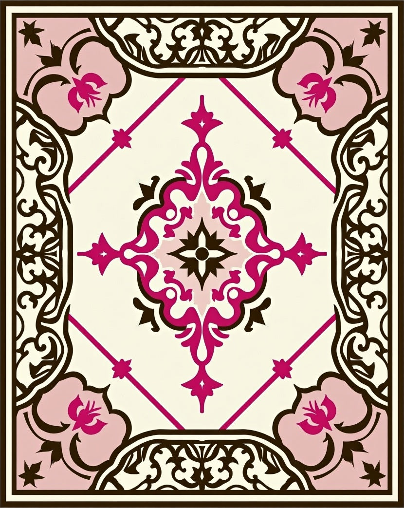 Ornate Magenta Floral Medallion Ivory Rug
