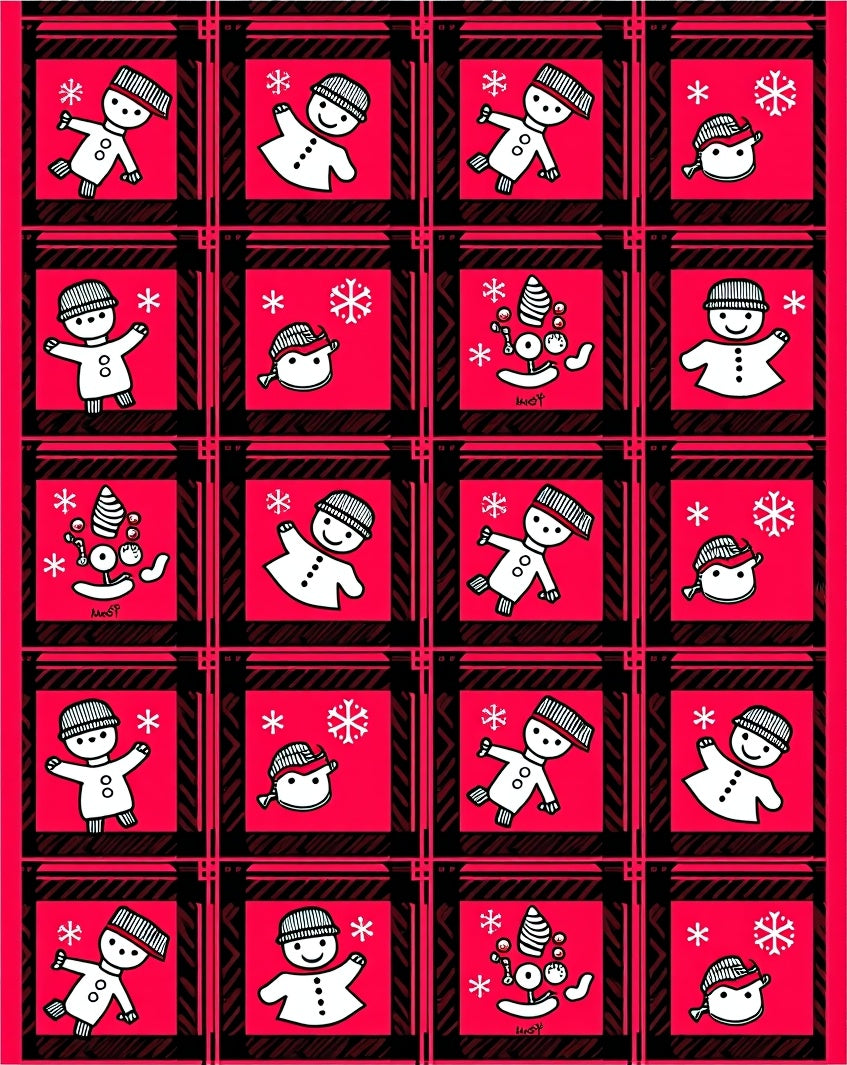 Red Plaid Snowman And Snowflake Square Rug