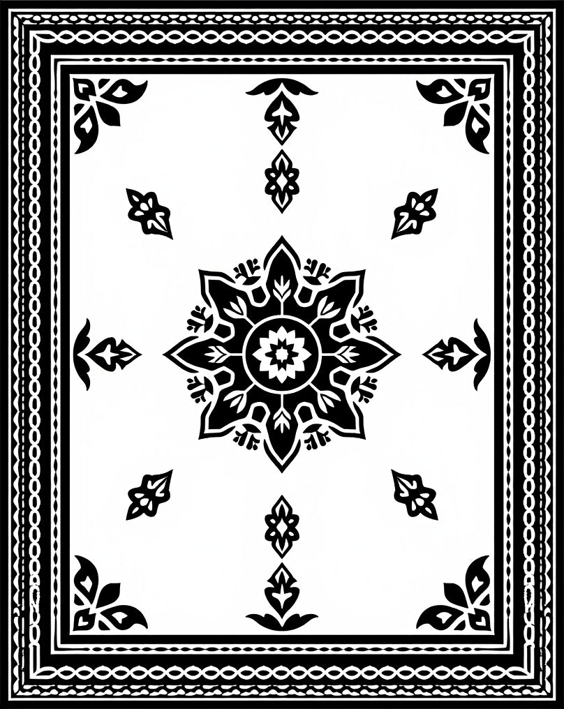 Classic Black White Medallion Border Rug