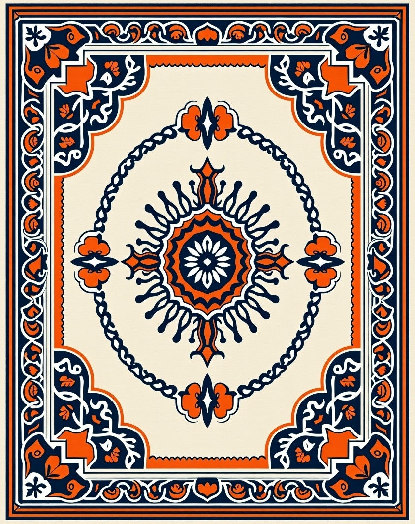 Orange Navy Floral Medallion Border Rug