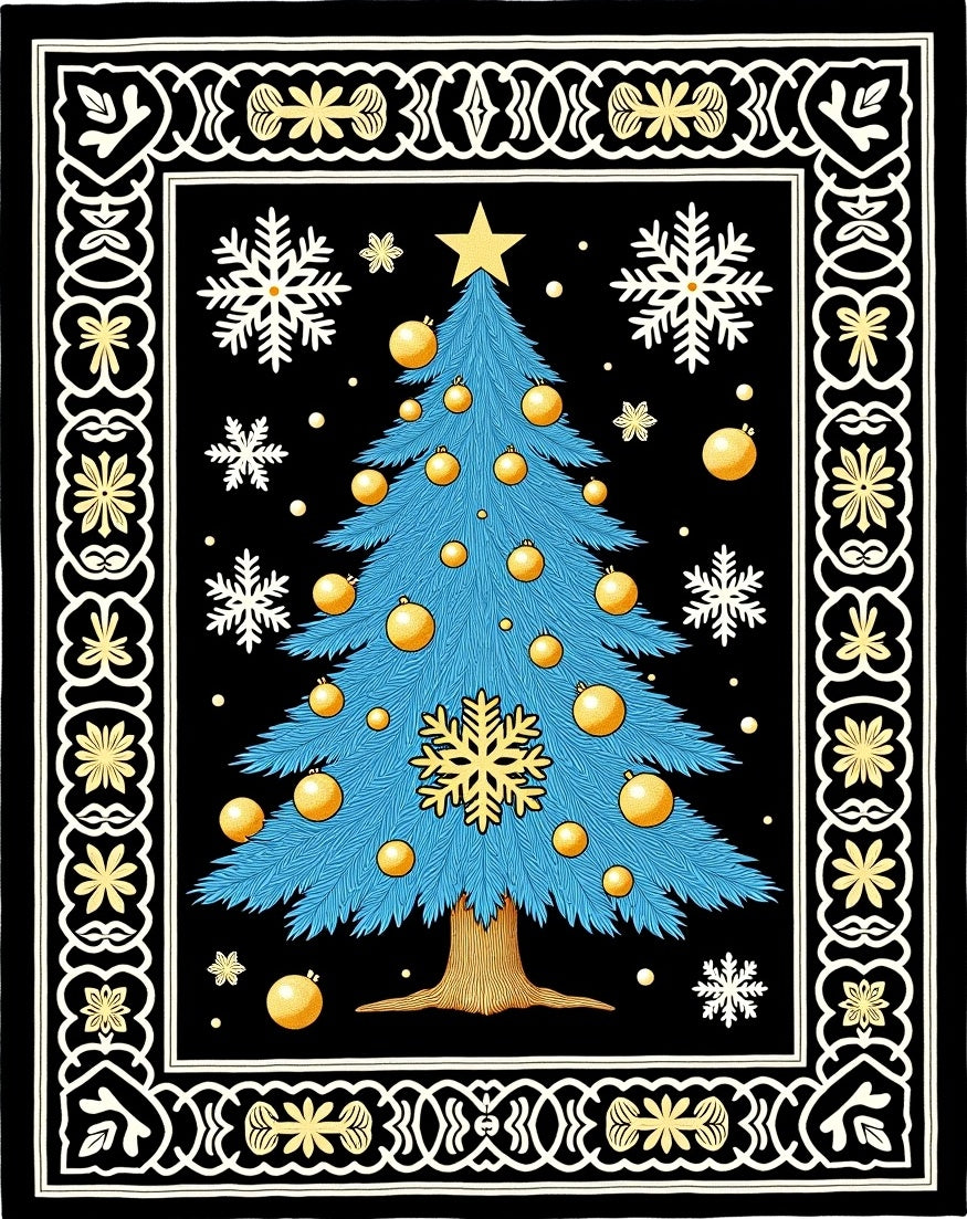 Festive Blue Christmas Tree Black Rug