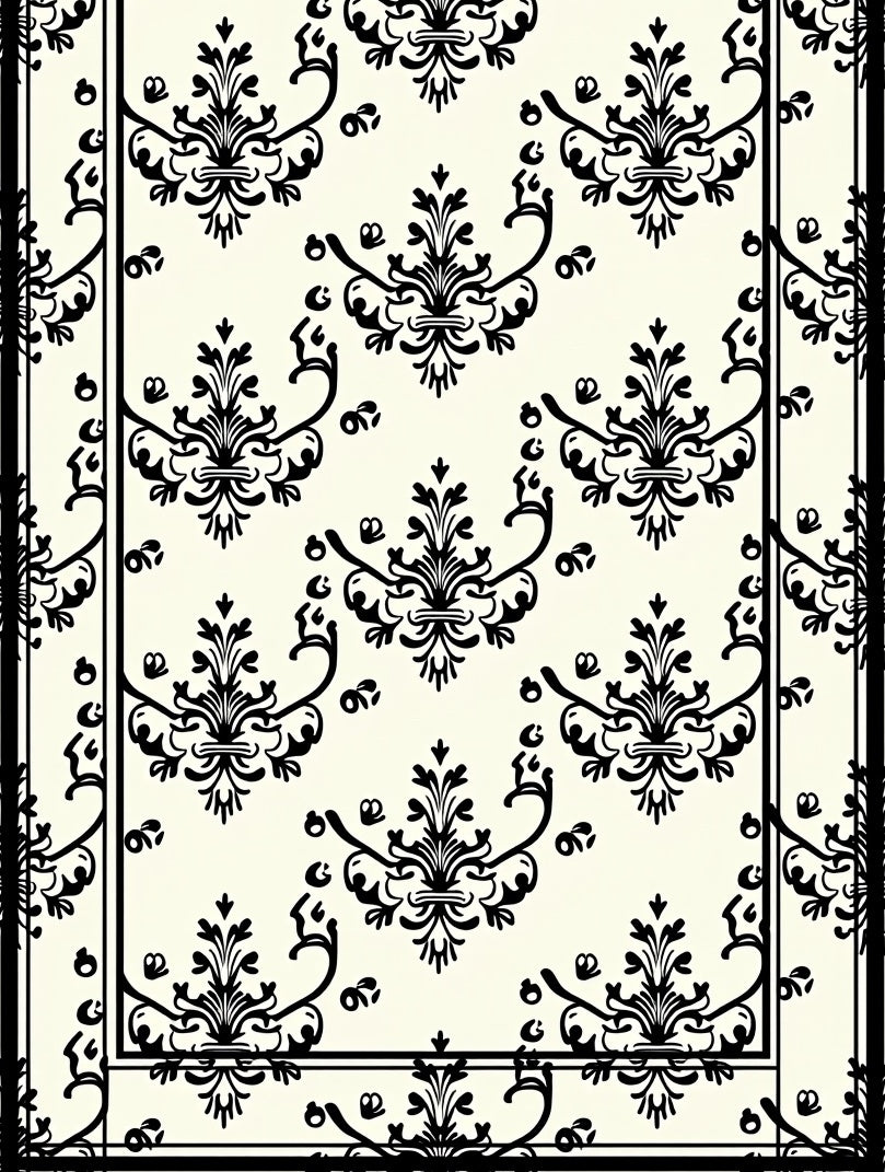Ornate Black Damask Ivory Area Rug