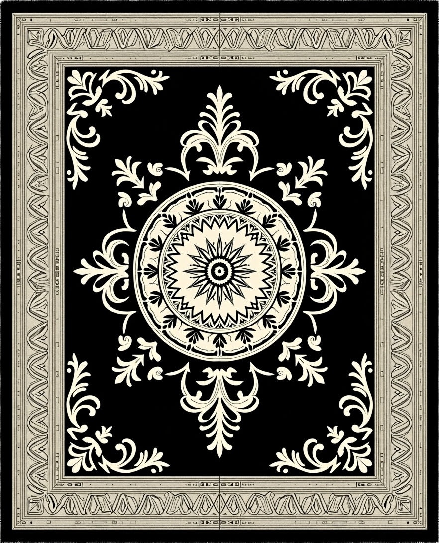 Ornate Black Ivory Mandala Medallion Rug