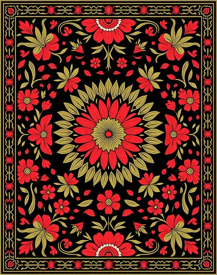 Dark Red Floral Mandala Art Rug
