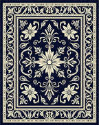 Navy Beige Floral Medallion Scrollwork Rug