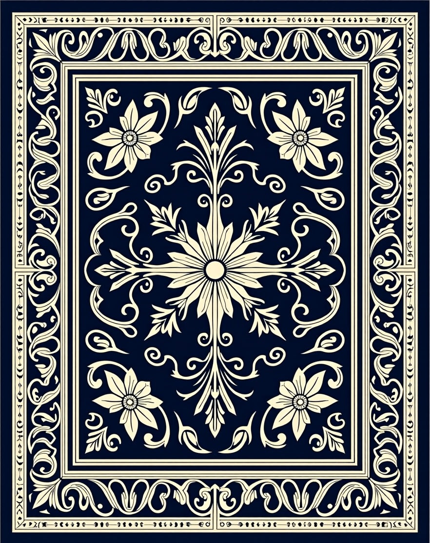 Navy Beige Floral Medallion Scrollwork Rug