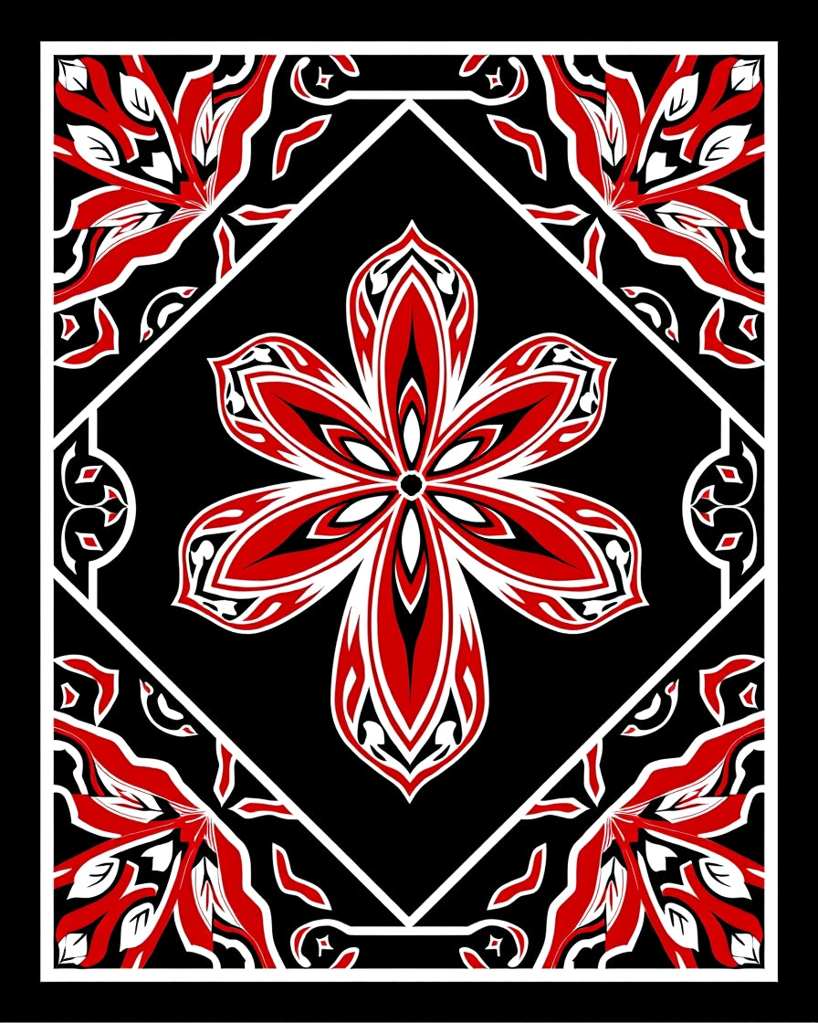 Bold Red Floral Black Diamond Rug