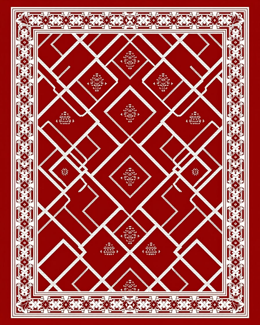 Crimson Geometric Diamond Border Medallion Rug