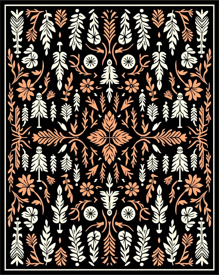 Coral And Cream Folk Floral Rug
