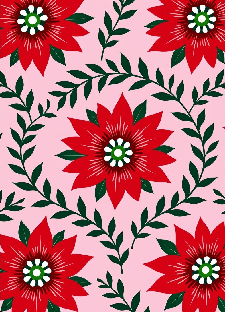Bold Red Floral Vines Pink Background Rug