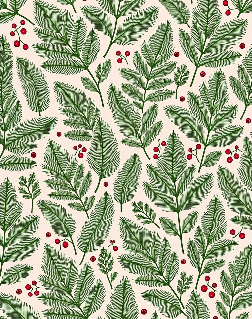 Green Pine Fern with Red Berries Rug