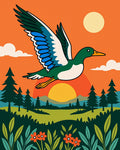 Mallard Duck Flying Over Sunset Landscape Rug