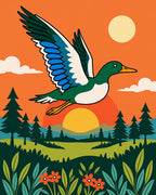 Mallard Duck Flying Over Sunset Landscape Rug