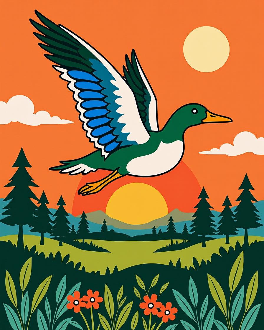 Mallard Duck Flying Over Sunset Landscape Rug