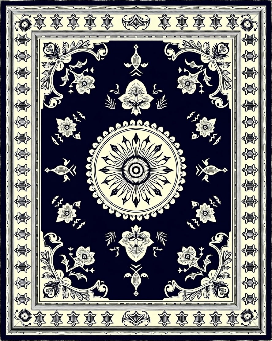 Dark Navy Cream Floral Medallion Border Rug