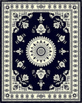 Dark Navy Cream Floral Medallion Border Rug