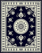 Dark Navy Cream Floral Medallion Border Rug
