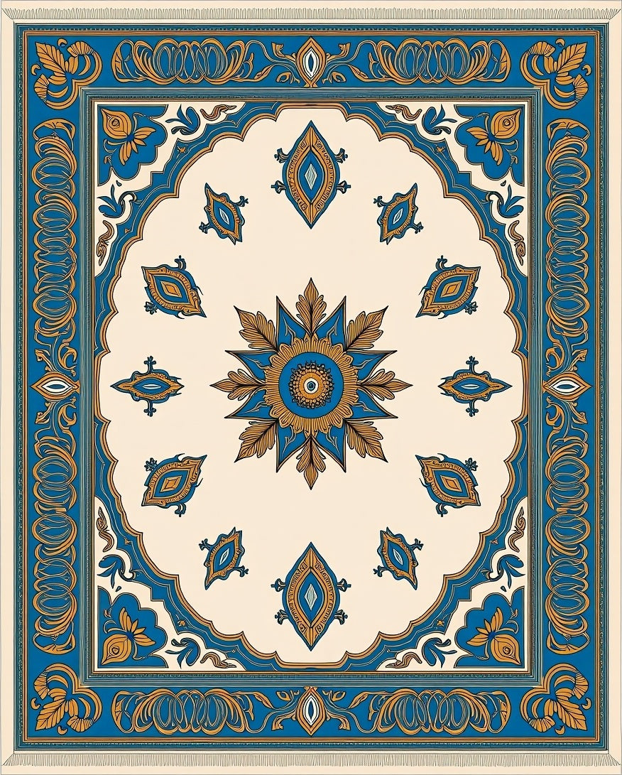 Ornate Blue Golden Floral Medallion Rug