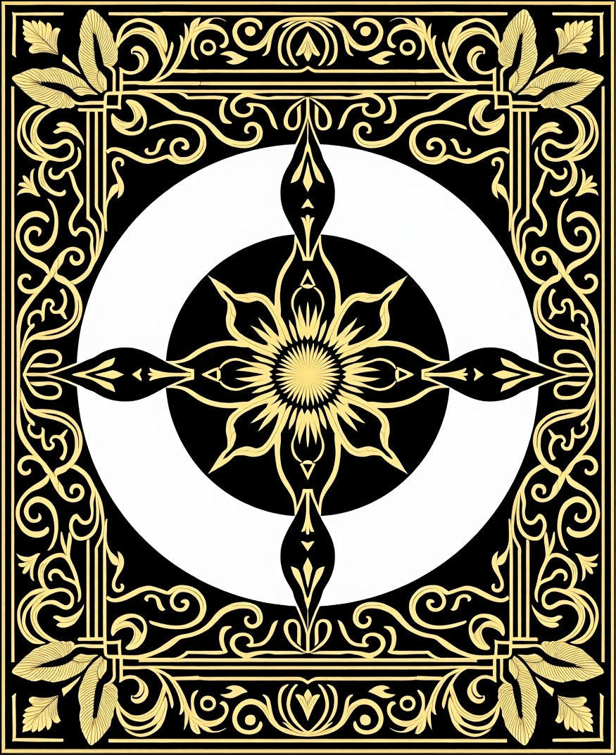Black Gold Floral Sunburst Mandala Rug