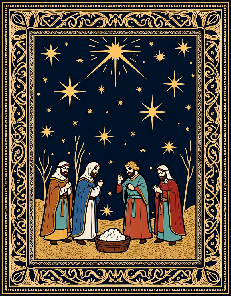 Golden Starry Night Religious Scene Rug