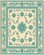 Aqua Cream Floral Scroll Border Rug