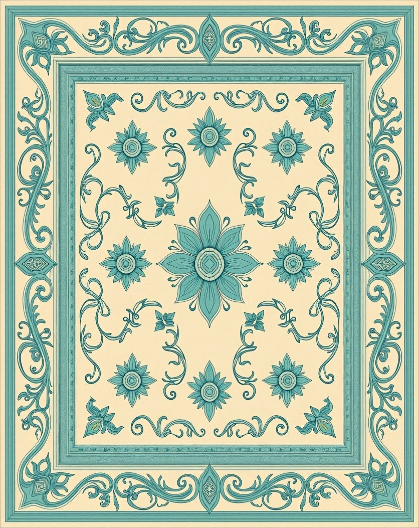 Aqua Cream Floral Scroll Border Rug
