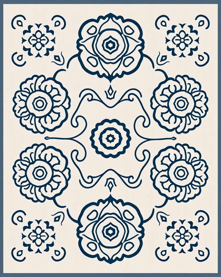 Navy Floral Medallion Arrangement Rug