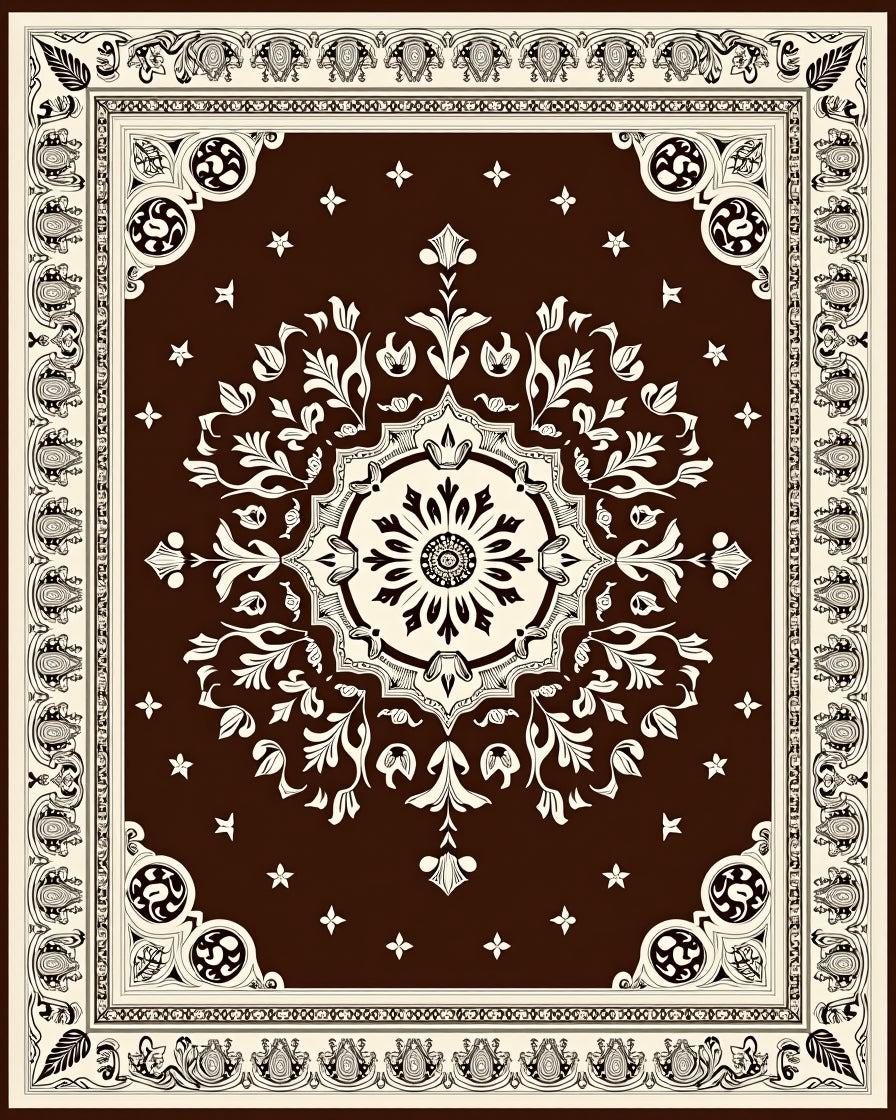Brown Cream Floral Medallion Scrollwork Rug
