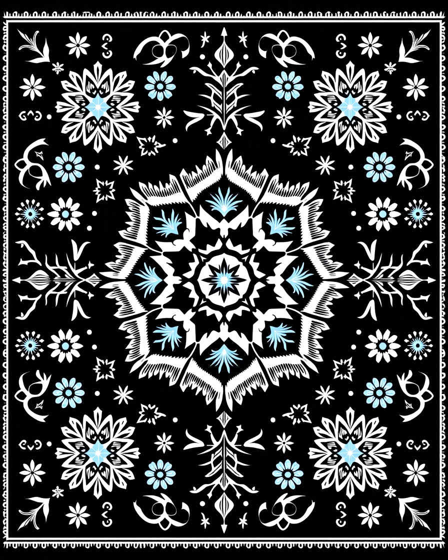 Black Blue White Floral Medallion Rug