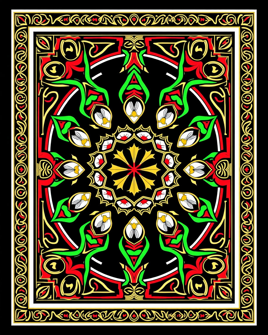 Red Green Gold Blossom Medallion Rug