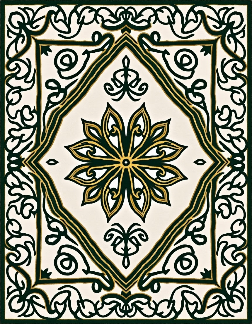 Bold Emerald Golden Floral Frame Rug