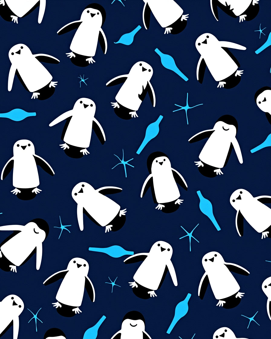 Cute Penguin Navy Blue Playful Elements Rug