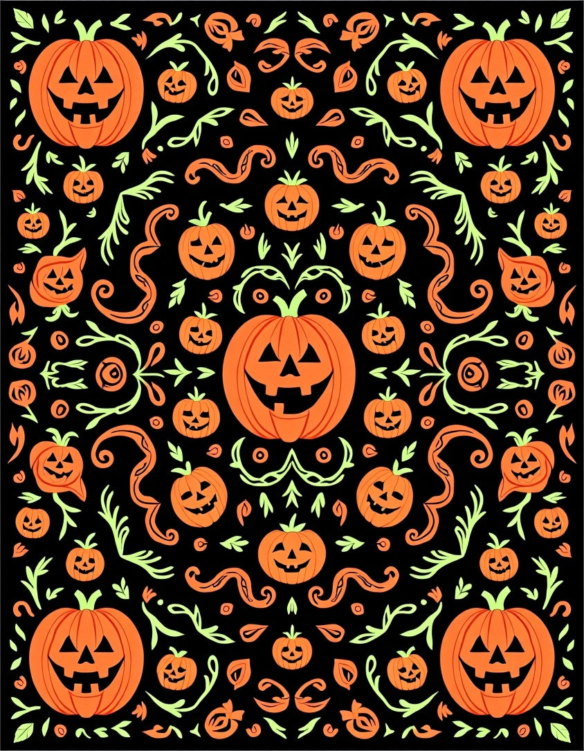 Orange Pumpkin Black Halloween Vines Rug