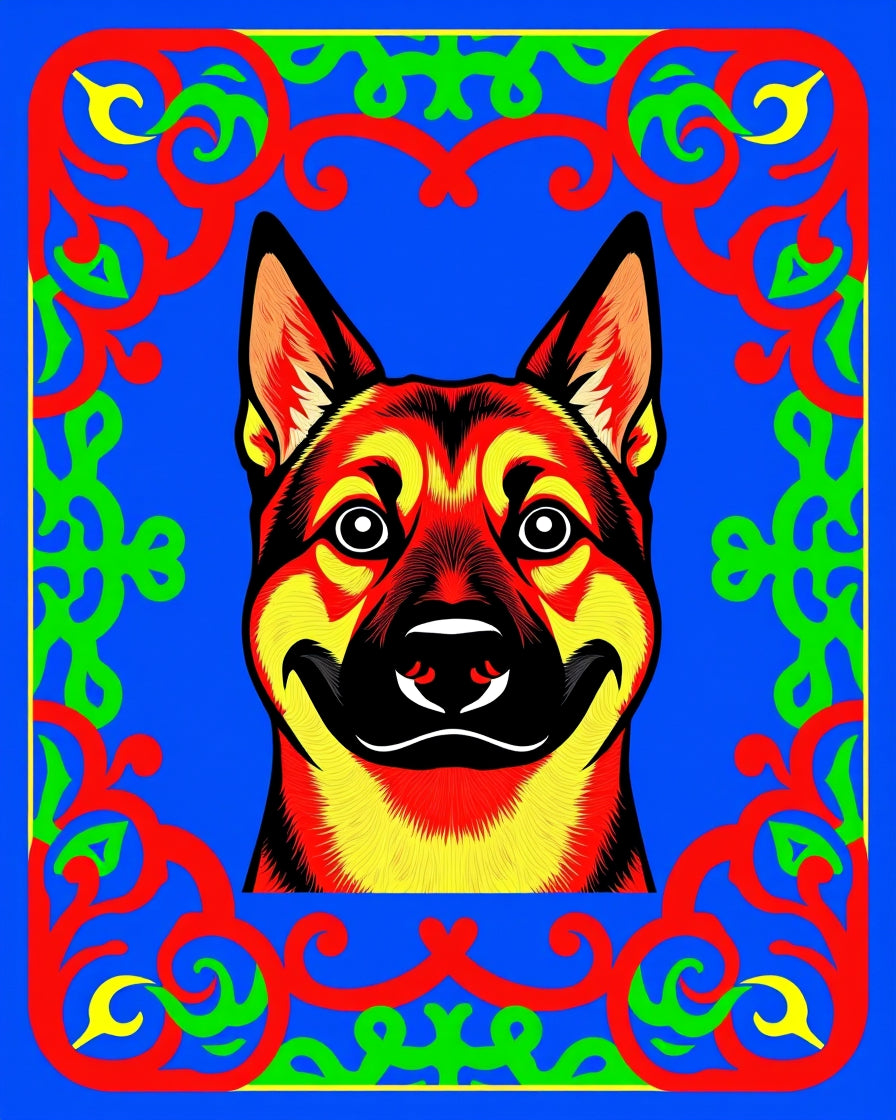 Vibrant Red Dog Tribal Frame Rug