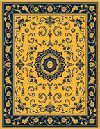 Ornate Gold and Navy Floral Medallion Rug