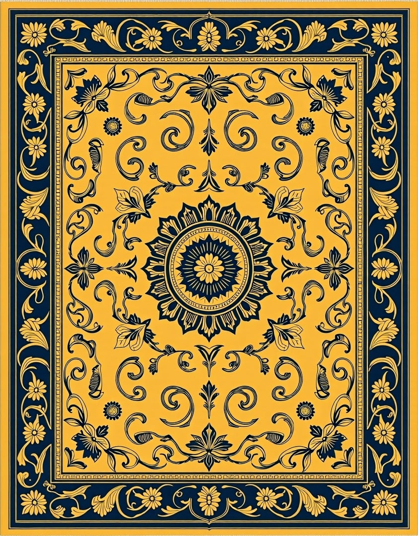 Ornate Gold and Navy Floral Medallion Rug